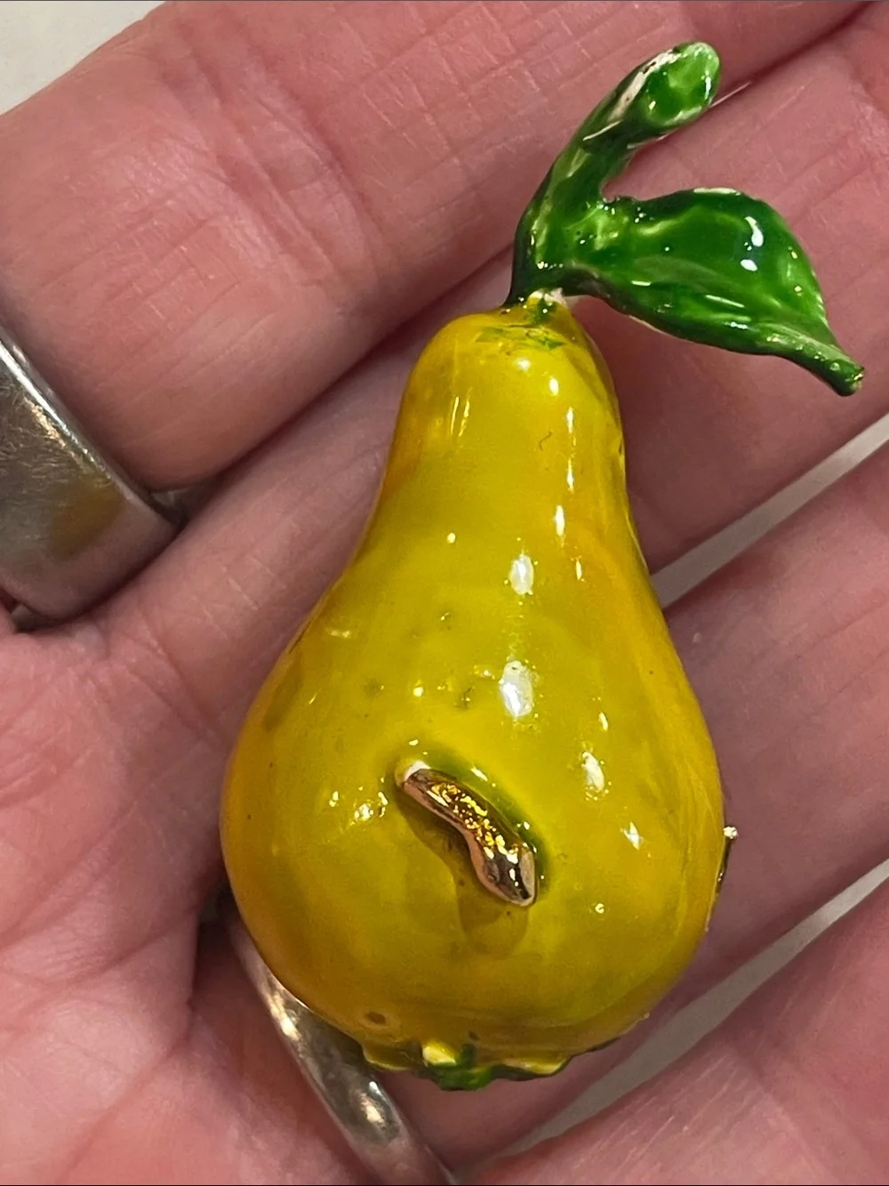 1960's VINTAGE Glossy Yellow Enamel Pear Accent with Green Leaf Brooch
